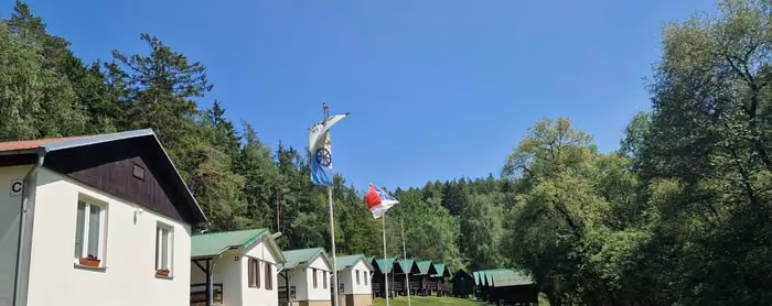 Zděné domky se zelenými střechami v lese